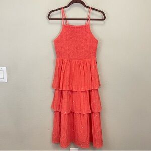 English Factory Orange Embroidered Smocked Tiered Midi Dress Size Small